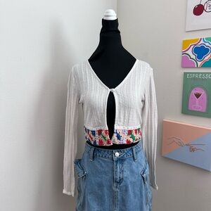 Y2K White Ribbed Knit Cropped Cardigan – Crochet Trim Fairycore Top – Size Small